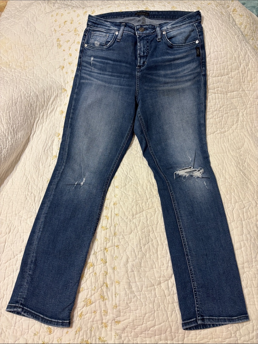 Silver Jeans Straight Leg Distressed Blue Denim